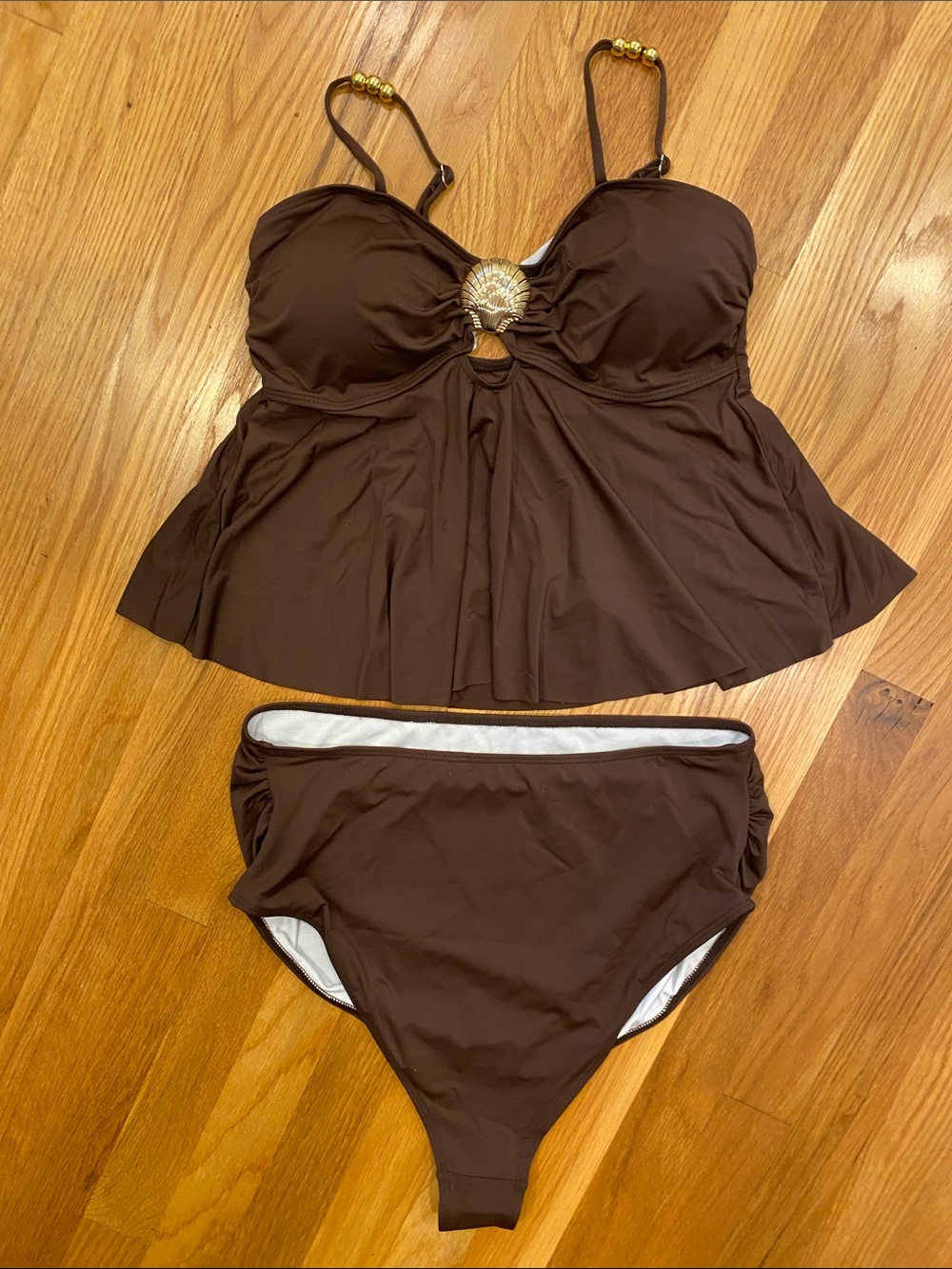 Brown Tankini swimsuit with Gold Shell 2 piece size L